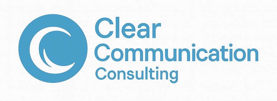 Logo for the company Clear Communication Consulting in blue with white text over a white background. The logo features a s...