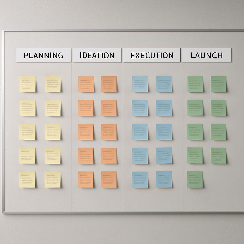 A large whiteboard divided into four columns: "PLANNING," "IDEATION," "EXECUTION," and "LAUNCH." Each column contains 7 co...