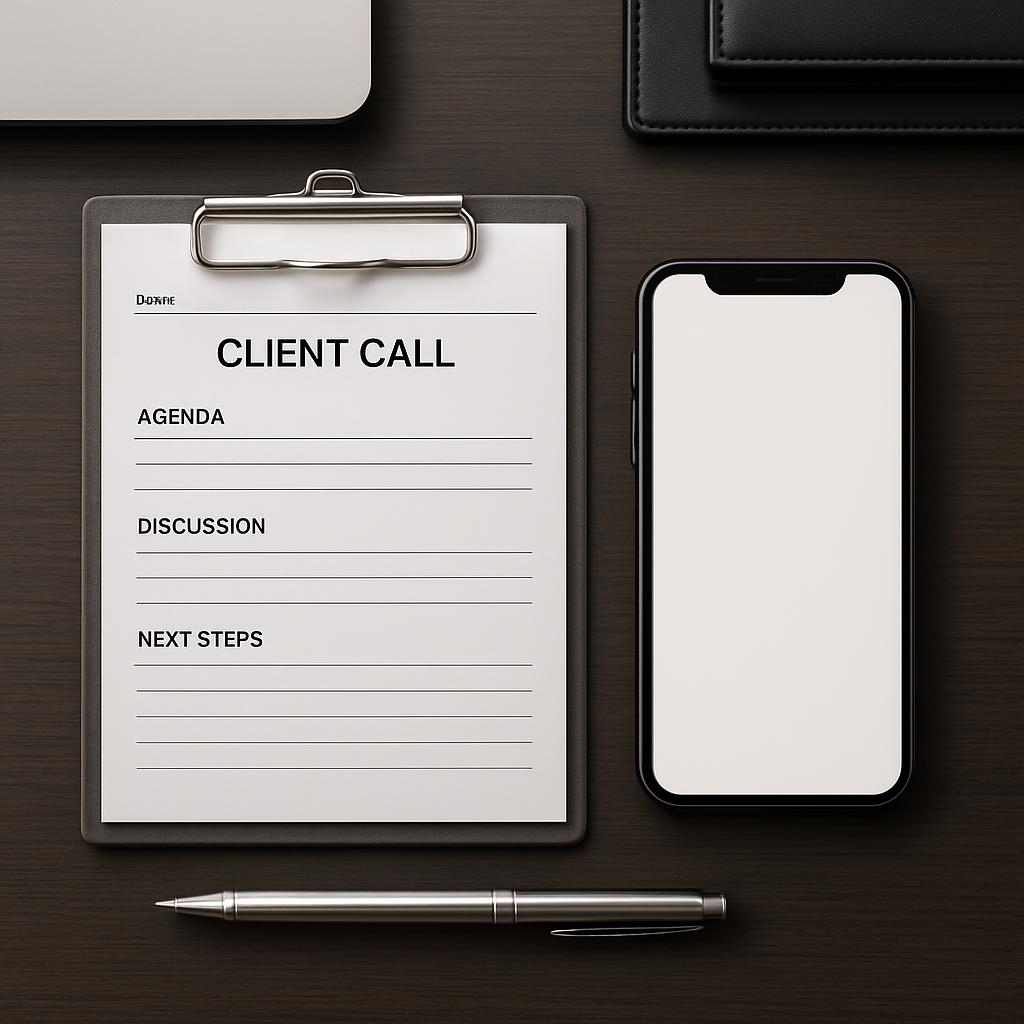 The image depicts a clipboard with a sheet of paper labeled "Client Call" accompanied by a pen and a phone. "Image of a da...